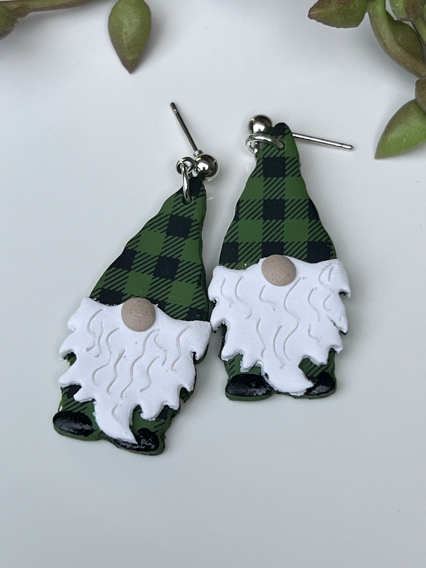 Winter gnome dangle earrings with green plaid clothes and white beard crafted from polymer clay & stainless steel findings