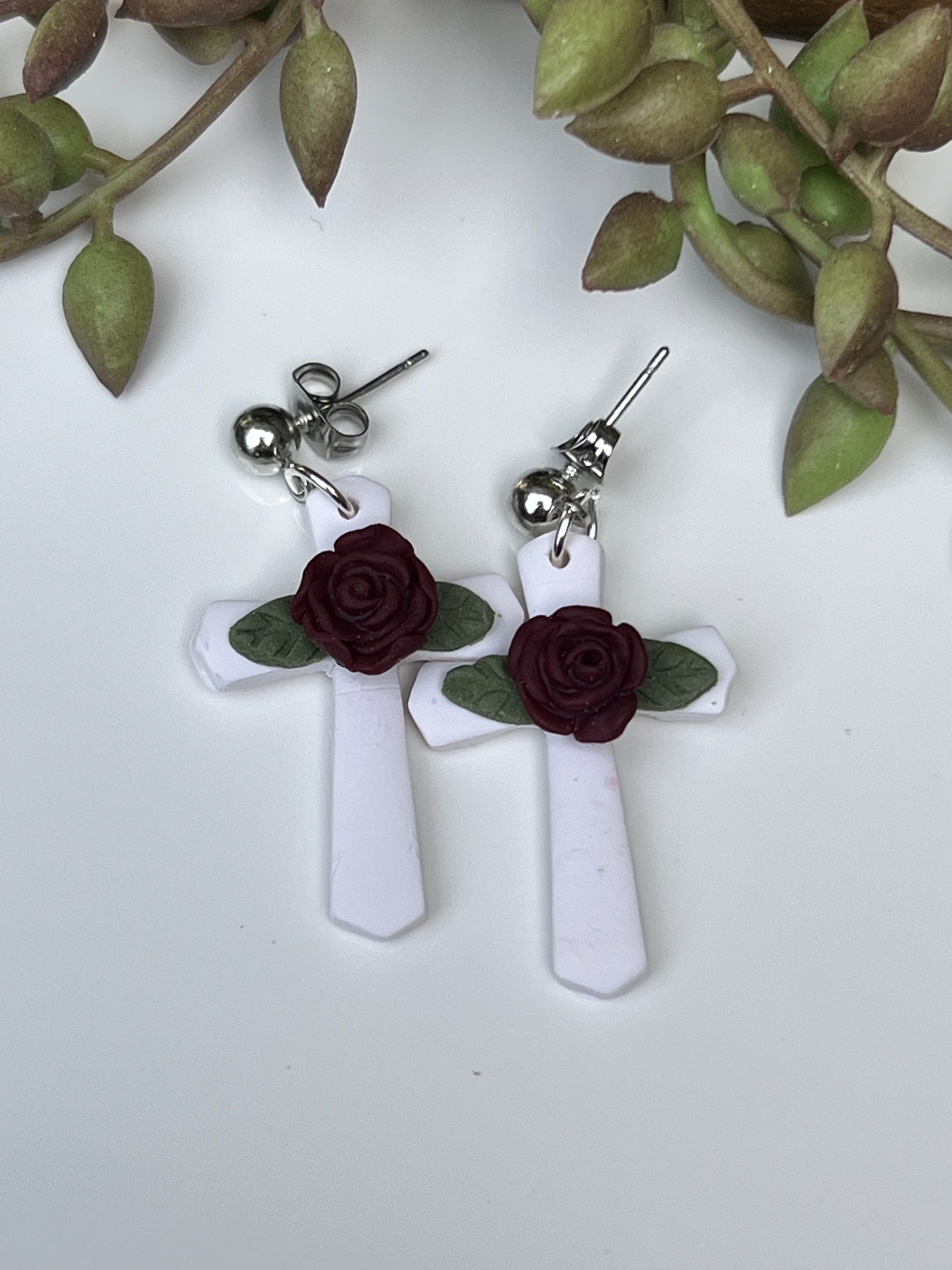 White cross earrings with beautiful deep red rose & green leaves for everyday crafted with polymer clay and stainless steel