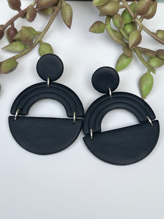 Black embossed earrings with elegant semi-circle and arch design for everyday crafted with polymer clay and stainless steel