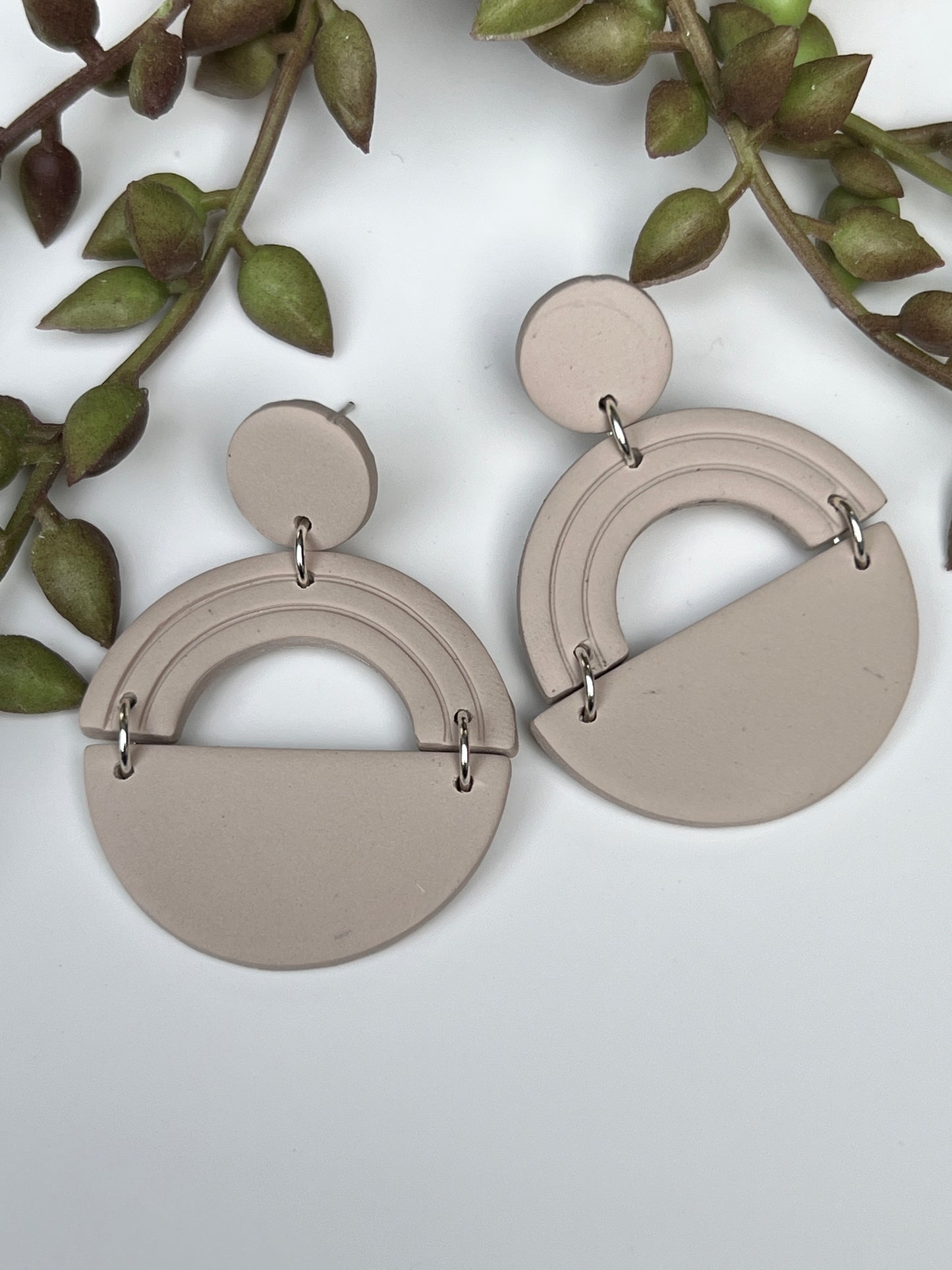 Taupe embossed earrings with elegant semi-circle and arch design for everyday crafted with polymer clay and stainless steel