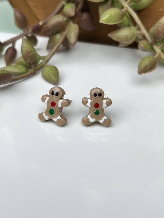 Iconic Gingerbread person studs with red & green buttons and icing crafted from polymer clay & stainless steel findings