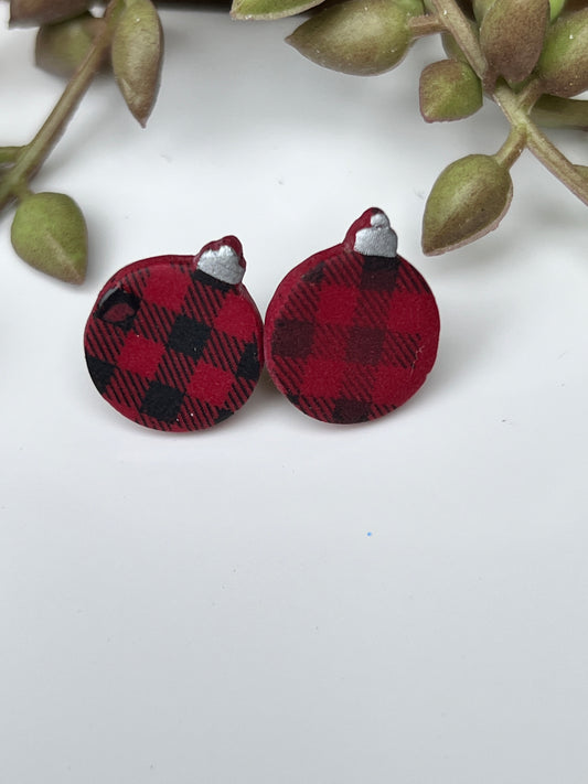 Red and black plaid winter earrings with a fun ornament design crafted from polymer clay & stainless steel findings