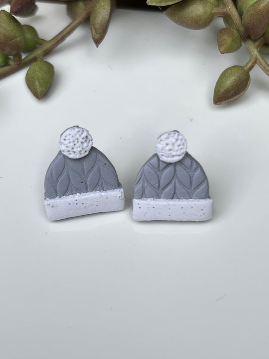 Grey winter beanie cap studs white headband and ball-tip accents crafted from polymer clay & stainless steel findings