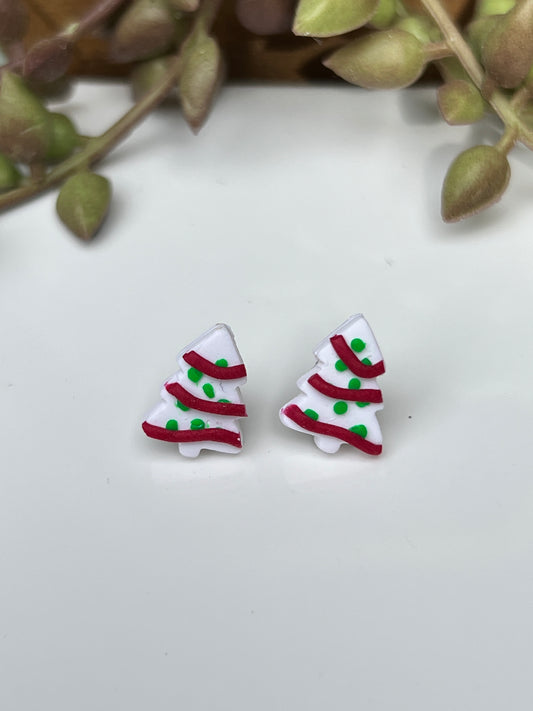 White Christmas Tree Cake studs with red garland, green sprinkles for winter made from polymer clay and stainless steel